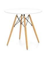 Contemporary Round Dining Table – Glossy Fiberglass Surface & Tapered Wood Legs