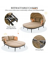 74.8" L Patio Daybed with Retractable Canopy, Outdoor Rattan Pe Wicker Back Loveseat Sofa Set with Throw Pillows and Cushions