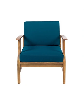 Acacia Wood Outdoor Lounge Chair with Blue Cushions