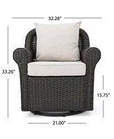 Dark Brown Swivel Faux Rattan Outdoor Patio Lounge Chair with Beige Cushions