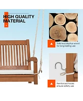 2-Person Hanging Porch Swing Wood Bench with Cushion Curved Back