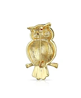 Bling Jewelry Lucky Large Fashion Golden Brown Enamel Owl Brooch Pin on Branch Gold Plated