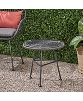 Modern Outdoor Metal Side Table with Thin Angled Legs, Tempered Glass Top