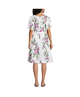 Lands' End Women's Puff Sleeve Pleated Linen Knee Length Dress