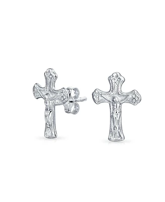 Bling Jewelry Catholic Crucifix Cross Stud Earrings - Sterling Silver Communion Gift