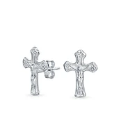 Bling Jewelry Catholic Crucifix Cross Stud Earrings - Sterling Silver Communion Gift
