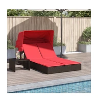 Double Sun Lounger with Canopy and Cushions Poly Rattan