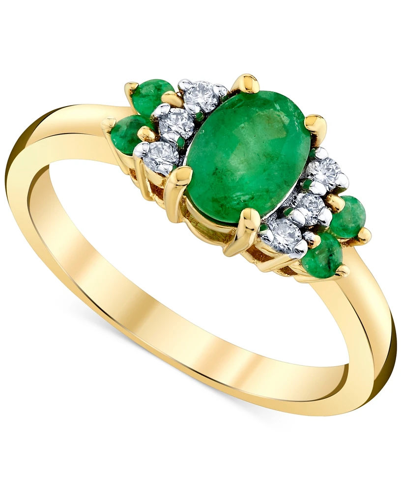 Emerald (1 ct. t.w.) & Diamond (1/8 ct. t.w) Oval Shoulder Cluster Ring in 10k Gold
