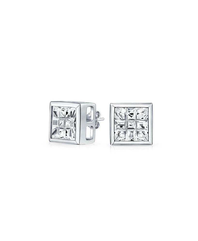Bling Jewelry Geometric Round Square Cz Stud Earrings Bezel Set Sterling Silver 5-10 Mm