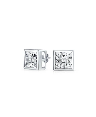 Bling Jewelry Geometric Round Square Cz Stud Earrings Bezel Set Sterling Silver 5-10 Mm