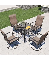 Black 5-Piece Metal Outdoor Patio Dining Set with Square Table with 1.9 in. Umbrella Hole and Swivel Chairs
