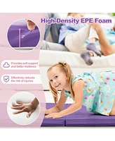 Folding Gymnastics Mat with Carry Handles and Sweatproof Detachable Pu Leather Cover-Purple