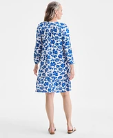 Style & Co Women's Printed Split-Neck 3/4 Sleeve Shift Dress, Exclusively at Macy's
