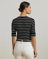 Lauren Ralph Women's Striped Cotton Elbow-Sleeve V-Neck Tee