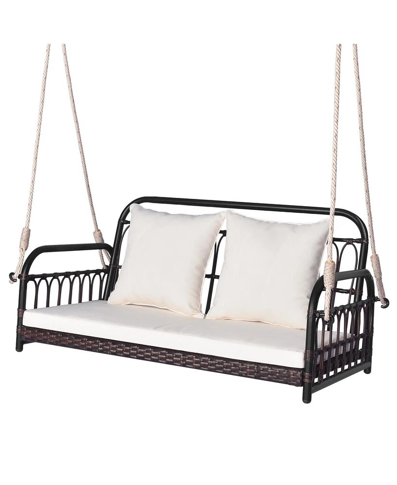 880LBS Wicker Hanging Porch Swing with Cushions