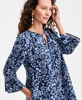 Style & Co Women's Printed Cotton Gauze 3/4-Sleeve Tiered Dress, Exclusively at Macy's