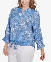 Ruby Rd. Plus Silky Floral Tile Button Tie Front Top