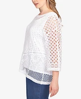 Ruby Rd. Plus Floral Blocked Crochet Crew Neck Top