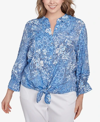Ruby Rd. Plus Silky Floral Tile Button Tie Front Top