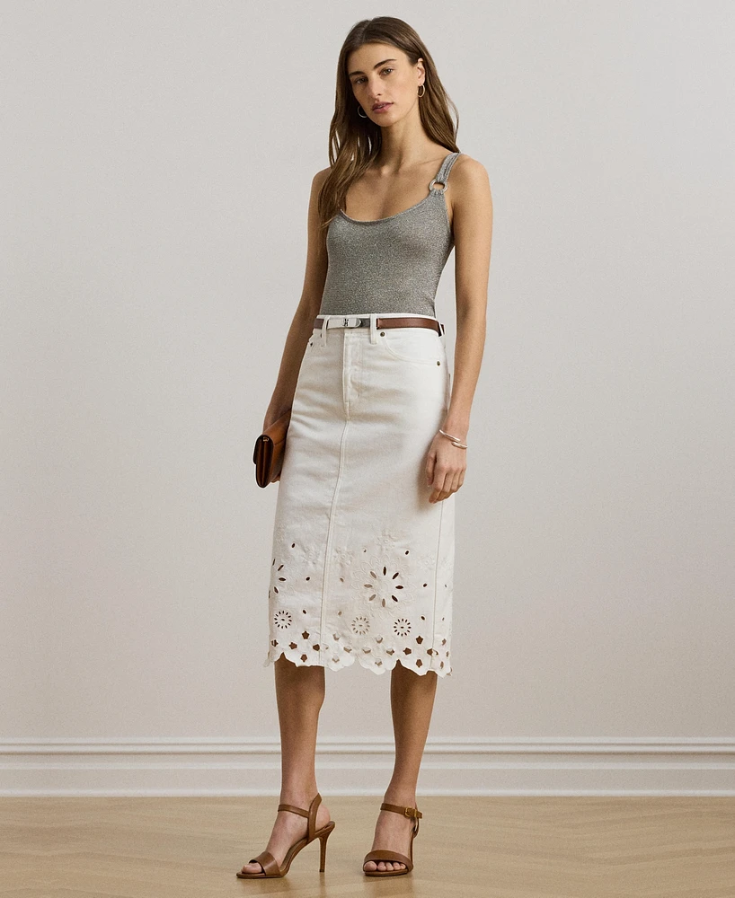 Lauren Ralph Women's Eyelet Denim Midi Skirt