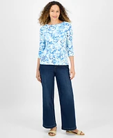 Style & Co Petite Floral Print Pima Cotton 3/4-Sleeve Top, Exclusively at Macy's