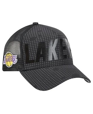 New Era Men's Black Los Angeles Lakers Midnight Ink Tonal A-Frame Trucker 9FORTY Adjustable Hat