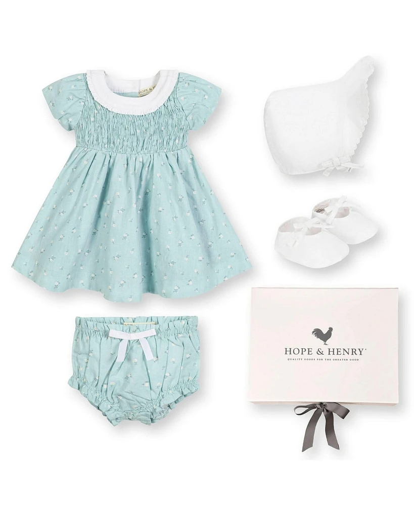 Hope & Henry Baby Short Sleeve Linen Dress with Ruffle Collar and Bonnet Boxed Gift Set