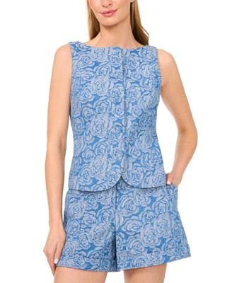 Cece Womens Floral Jacquard Denim Button Front Vest Belted Floral Jacquard Denim Shorts