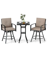 3 Pcs Patio Swivel Bar Set Table and Chairs Set with Soft Cushions & Umbrella Hole