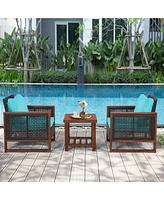Gymax 3PCS Rattan Wicker Patio Conversation Set Outdoor Furniture Set w/ Turquoise Cushion