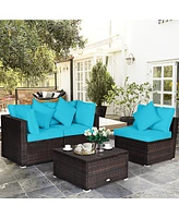 Gymax 4PCS Rattan Patio Conversation Furniture Set Yard Outdoor w/ Turquoise Cushion