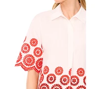 CeCe Women's Contrast Embroidered Cotton Collared Shirt
