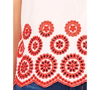 CeCe Women's Contrast Embroidered Cotton Cap-Sleeve Blouse