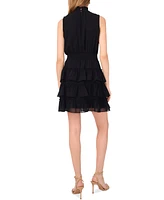 1.state Women's Smocked Sleeveless Mock Neck Tiered Mini Dress