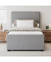 Twin Linen Platform Bed with Trundle, Padded Headboard, Grey