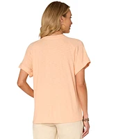 Democracy Petite Embroidered Roll-Cuff Scoop-Neck Top