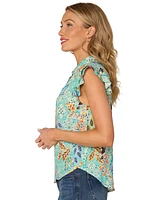 Democracy Petite Floral-Print Double-Flutter Blouse
