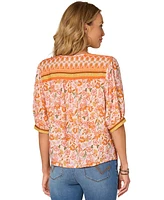 Democracy Petite Printed Notch-Neck Elbow-Sleeve Top