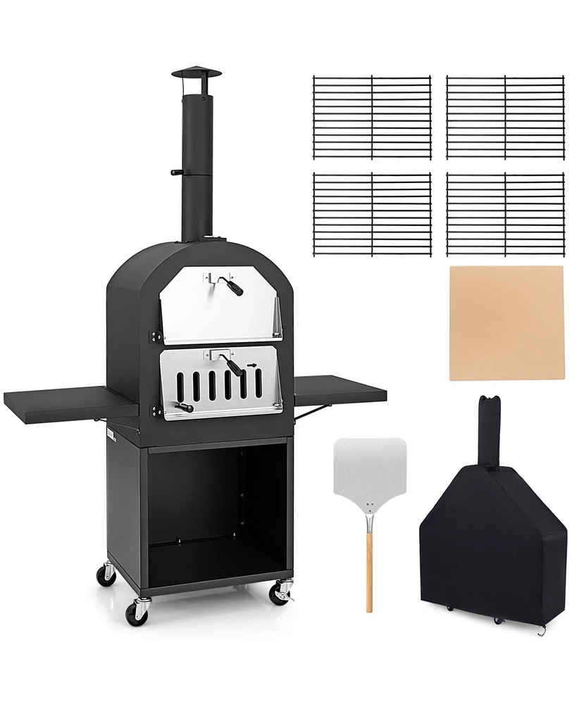 Outdoor Pizza Oven with Protective Cover and Grill Racks and Built-in Thermometer