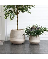 LuxenHome Blended Tan with Wood Pattern Round Tapered 11-Inch Tall MgO Planter, Indoor and Outdoor