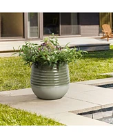 LuxenHome Emerald Ribbed Top with Ivory Bottom 14.6" Tall Resin Round Planter