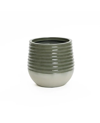 LuxenHome Emerald Ribbed Top with Ivory Bottom 14.6" Tall Resin Round Planter