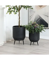 LuxenHome Set of 2 Black Round Metal Cachepot Planters with Tripod Legs