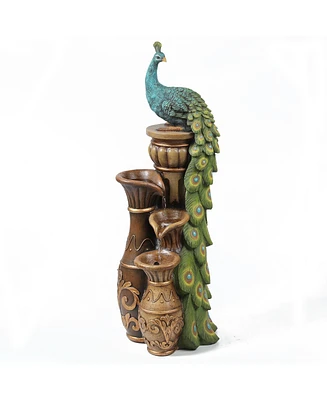 LuxenHome Resin Pedestal Peacock and Urns Outdoor Fountain