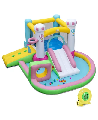 Inflatable Bounce House Bouncy Castle with Slide and Obstacle and Ball Pit with 480W Blower