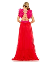 Mac Duggal Women's Ruffle Tiered Cut Out Lace Up Chiffon Gown