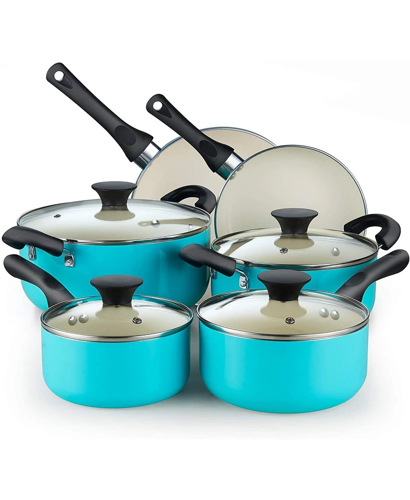 Cook N Home 10-Piece Ceramic Nonstick Cookware Set - Pots, Pans, Dutch Oven, Saucepans, Frying Pans and Lids - Turquoise