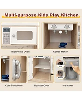 Kids Kitchen Playset with Adjustable Led Lights Removable Fabric Bins