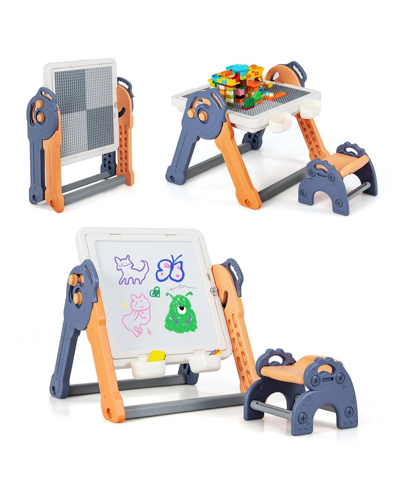6-In-1 Folding Kids Art Easel with Reversible Building Block Tabletop