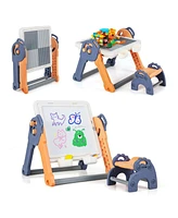 6-In-1 Folding Kids Art Easel with Reversible Building Block Tabletop